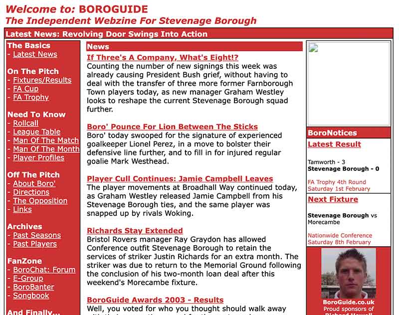The First Edition: In our early years, the 'independent webzine' for Stevenage FC wasn't the prettiest website on the block...