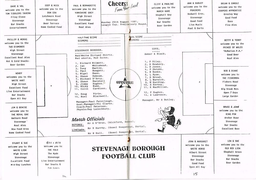 Stevenage Borough met Cove in the 1991-2 Diadora League Cup