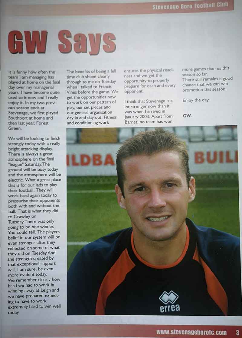 Graham Westley programme notes vs Leigh RMI (2005)